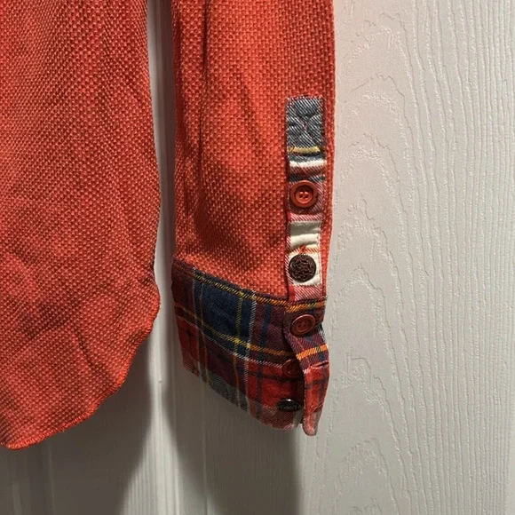 Free People Women's Orange Long Sleeve light thermal Top with Plaid Cuffs - Picture 5 of 5